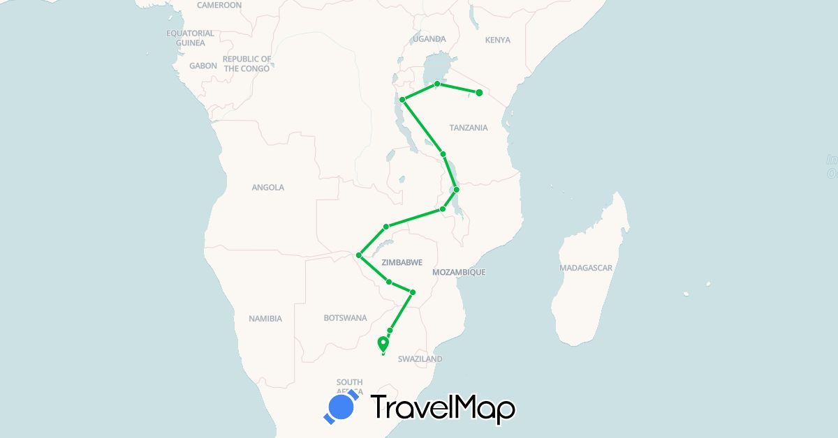 TravelMap itinerary: driving, bus in Burundi, Malawi, Tanzania, South Africa, Zambia, Zimbabwe (Africa)